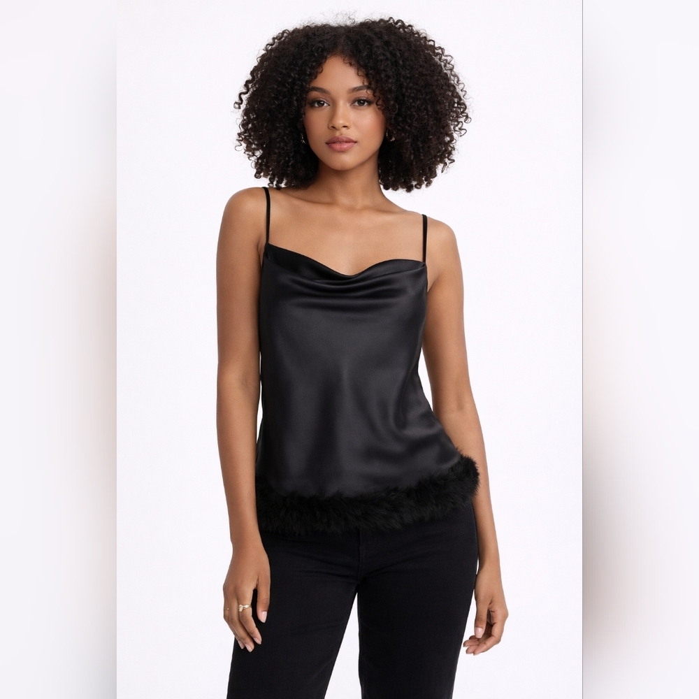 Express Black Satin Cowl Neck Camisole with Feather Hem – Elegant Spaghetti Str